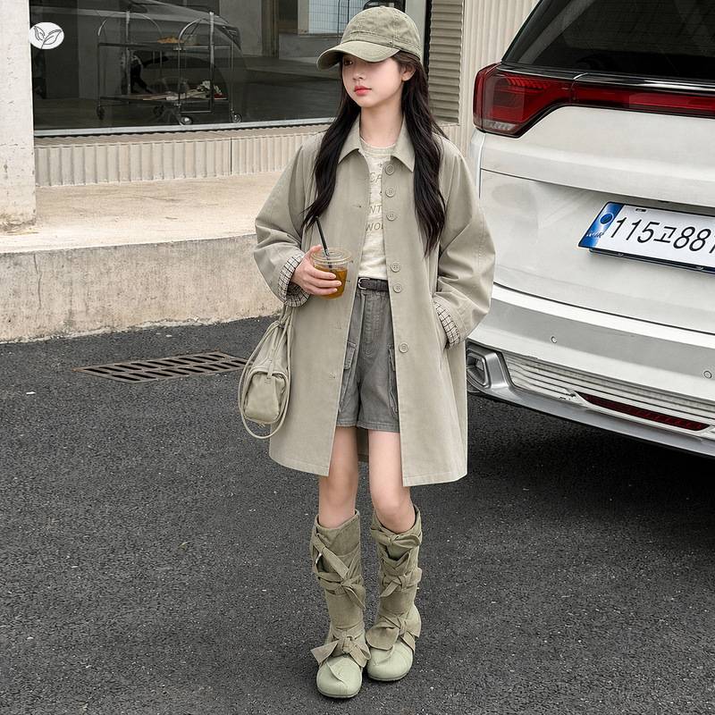 女童格子拼接风衣2026秋季新款