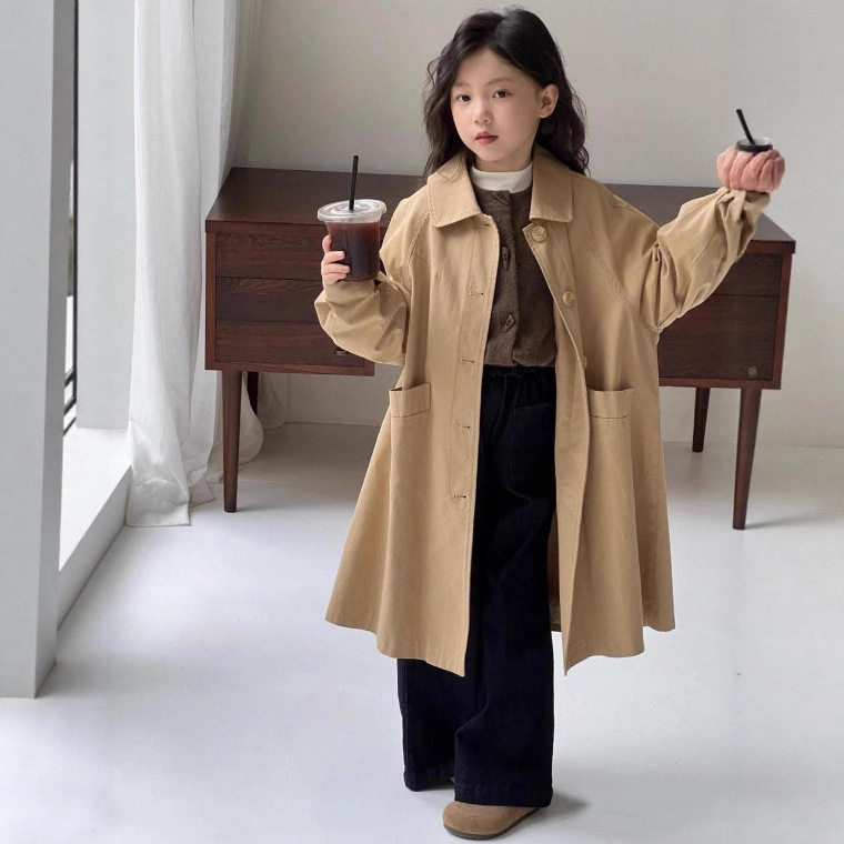 女童时髦中长款大衣外套