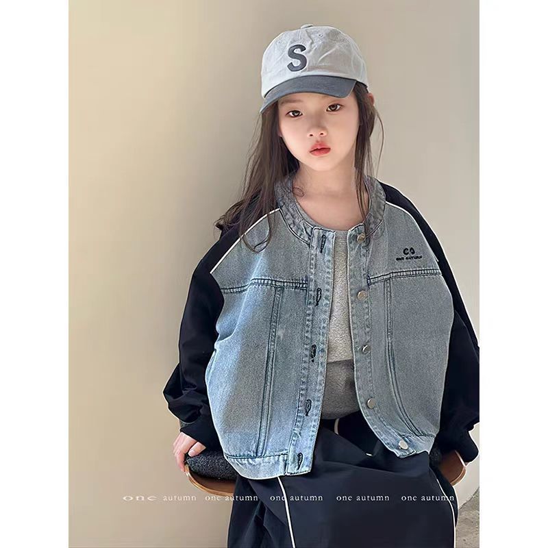 女童拼接牛仔外套春秋2025新款