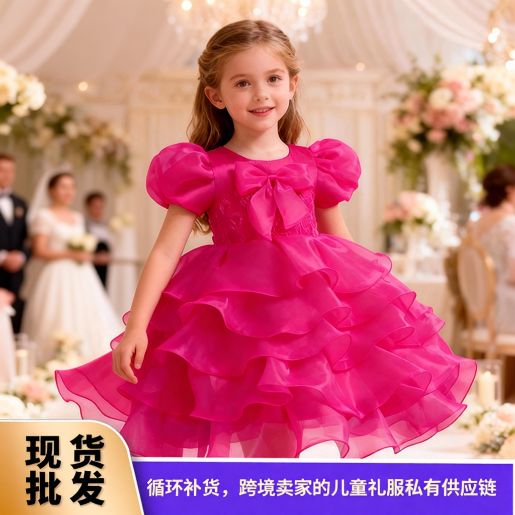 女童蛋糕裙蝴蝶结泡泡袖公主裙