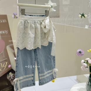 女童套装2026春秋季新款韩版牛仔裤时尚花边屁帘直筒裤洋气两件套