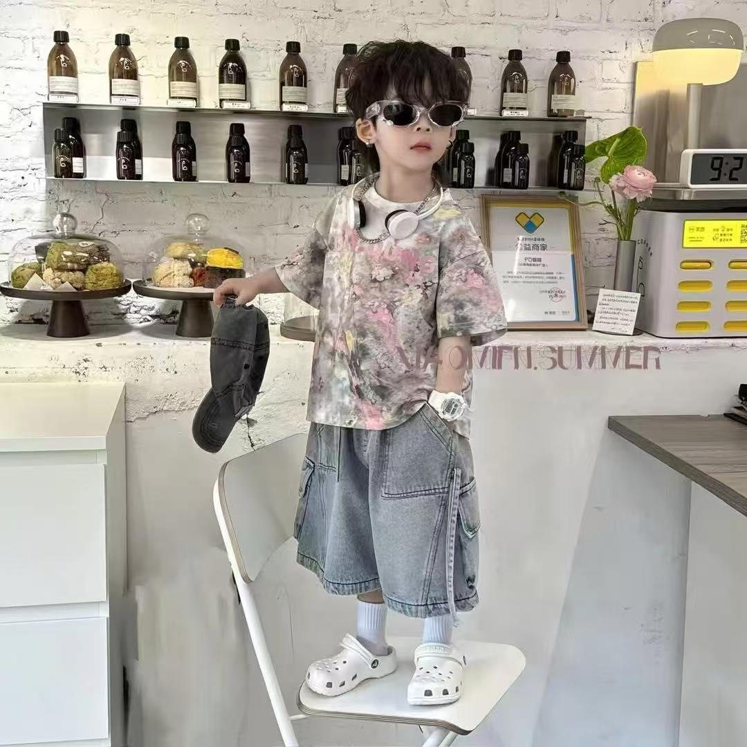 男童套装夏季新款扎染印花短袖