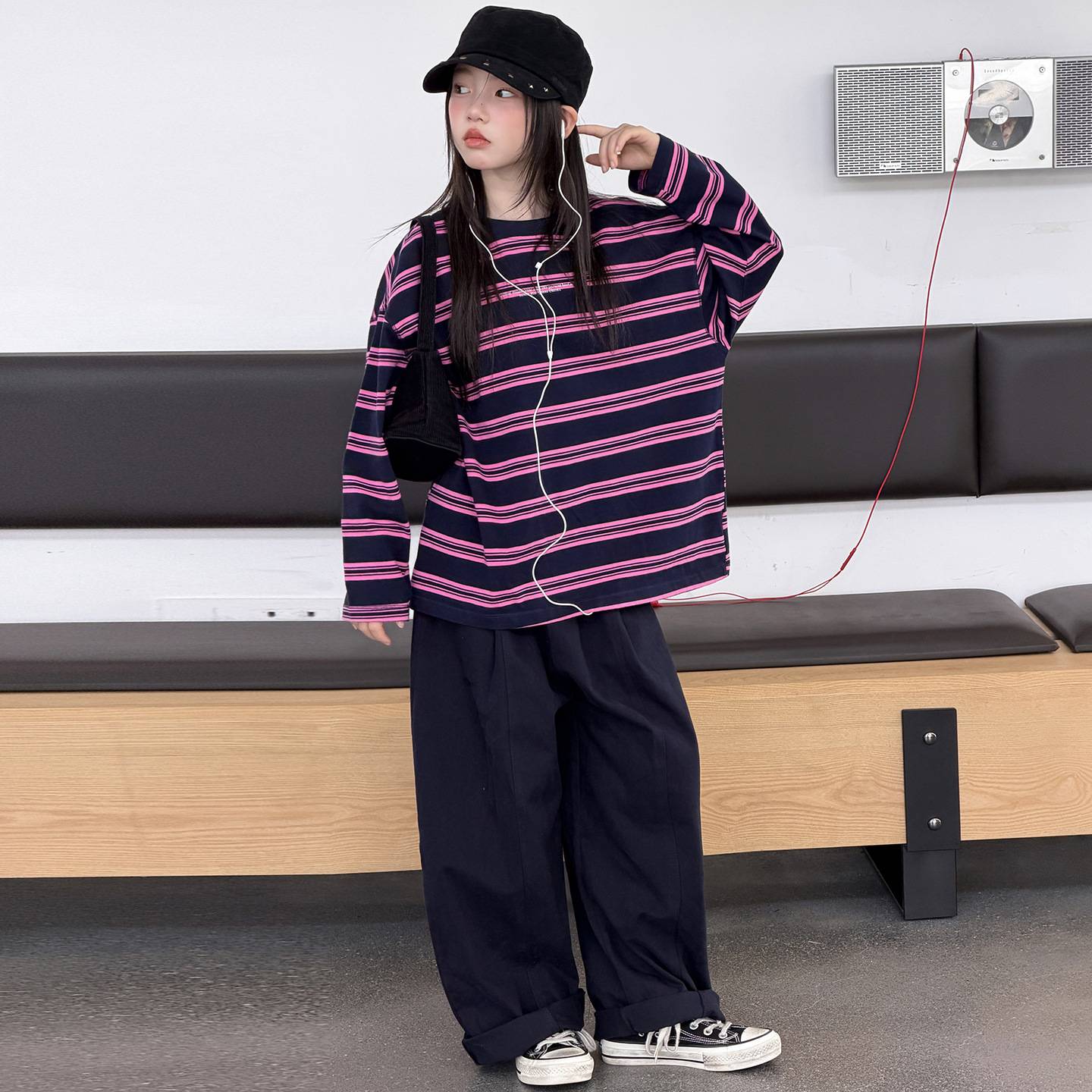 韩系2026慵懒风条纹套装女童宽松