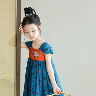 女童旗袍儿童夏装2026新款中国风新中式汉服女孩蓝色碎花连衣裙子