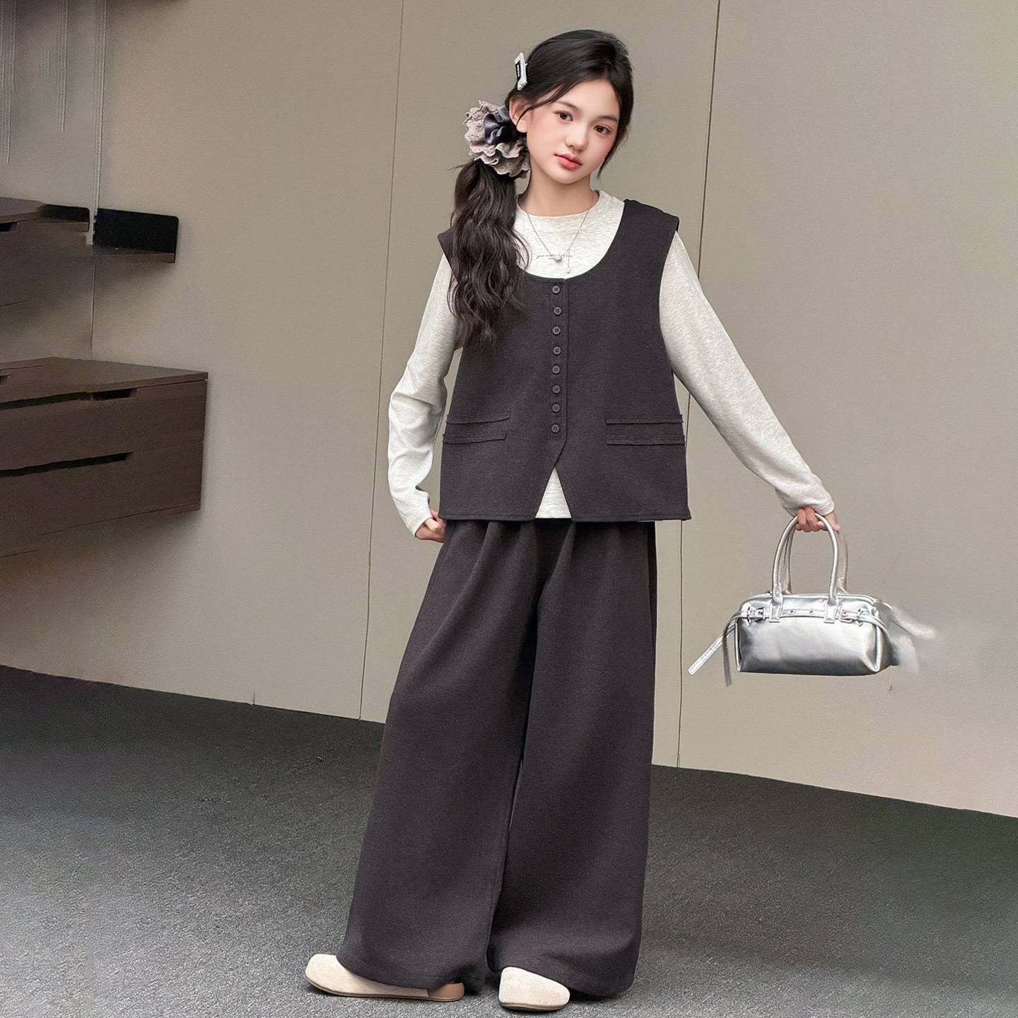 女童秋装马甲打底衫阔腿裤套装