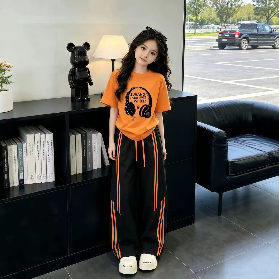 1643#纯棉上衣冰丝裤子女童套装