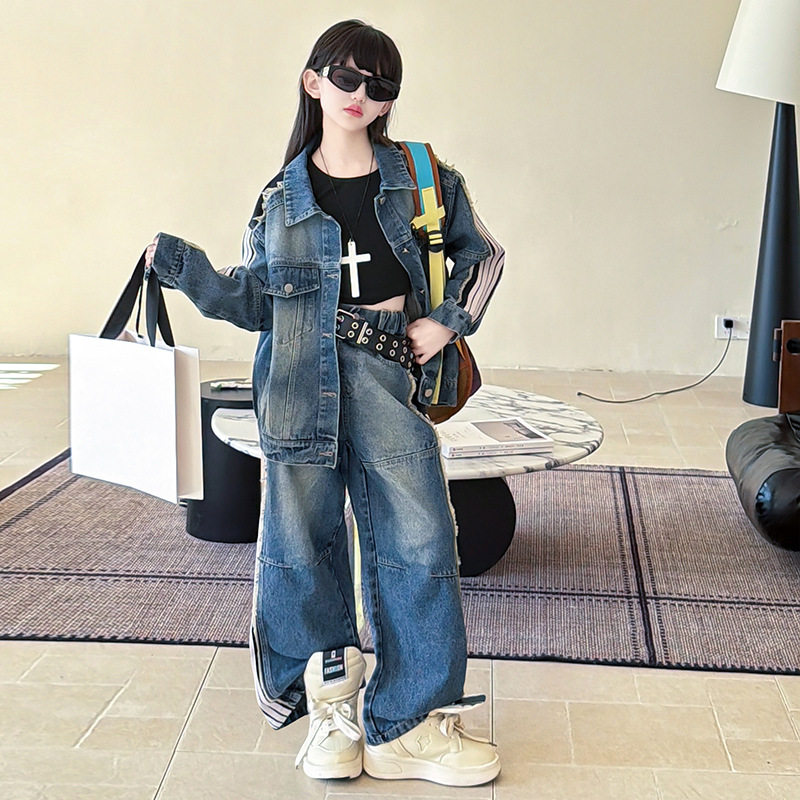 女童牛仔拼接套装2026新款春秋