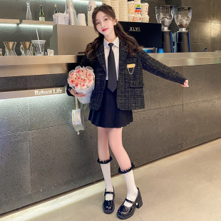 女童小香风西装外套新款时髦洋气女孩儿童jk黑色春秋套装上班韩版