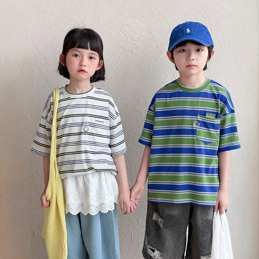 2025夏季新款韩版儿童百搭条纹短袖男女童宽松刺绣圆领T恤洋气