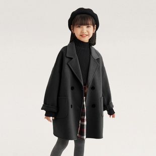 男童女童春装双面羊绒大衣2025秋冬新款儿童西装领中长款毛呢外套