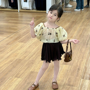 韩版 新款 2件套套装 2025夏季 短裤 女童甜美花朵短袖 童装 上衣