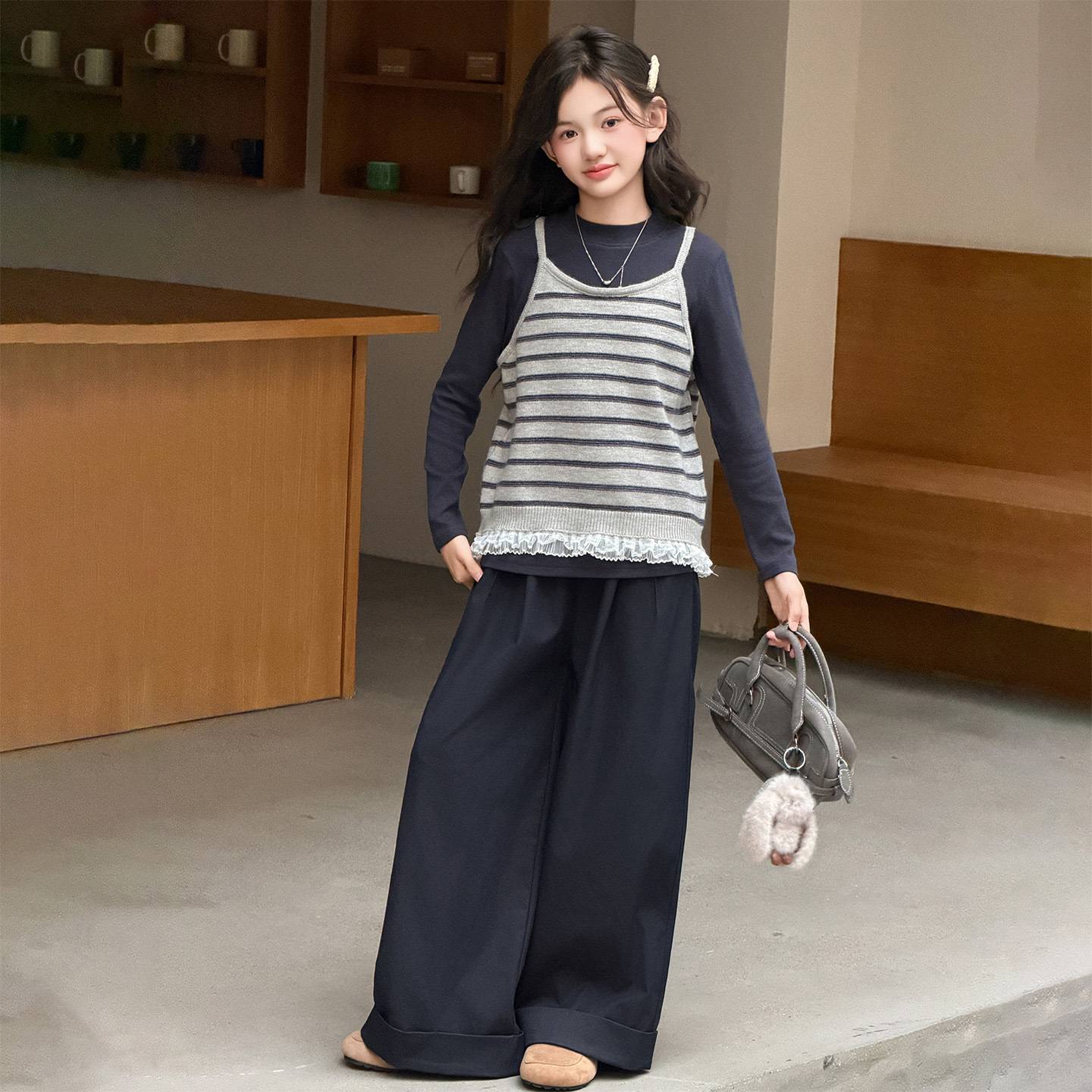 女童春秋装休闲套装洋气条纹针织