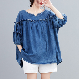RY1523#大码女上衣超柔天丝棉洗水牛仔荷叶边宽松200斤胖人可穿