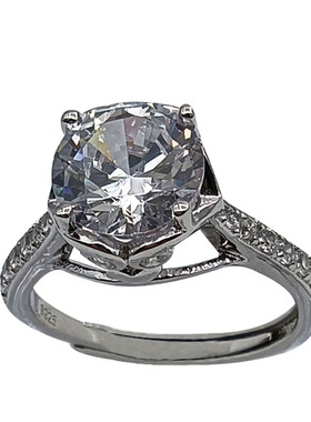 S925银镀白金钻石戒面开口女戒指