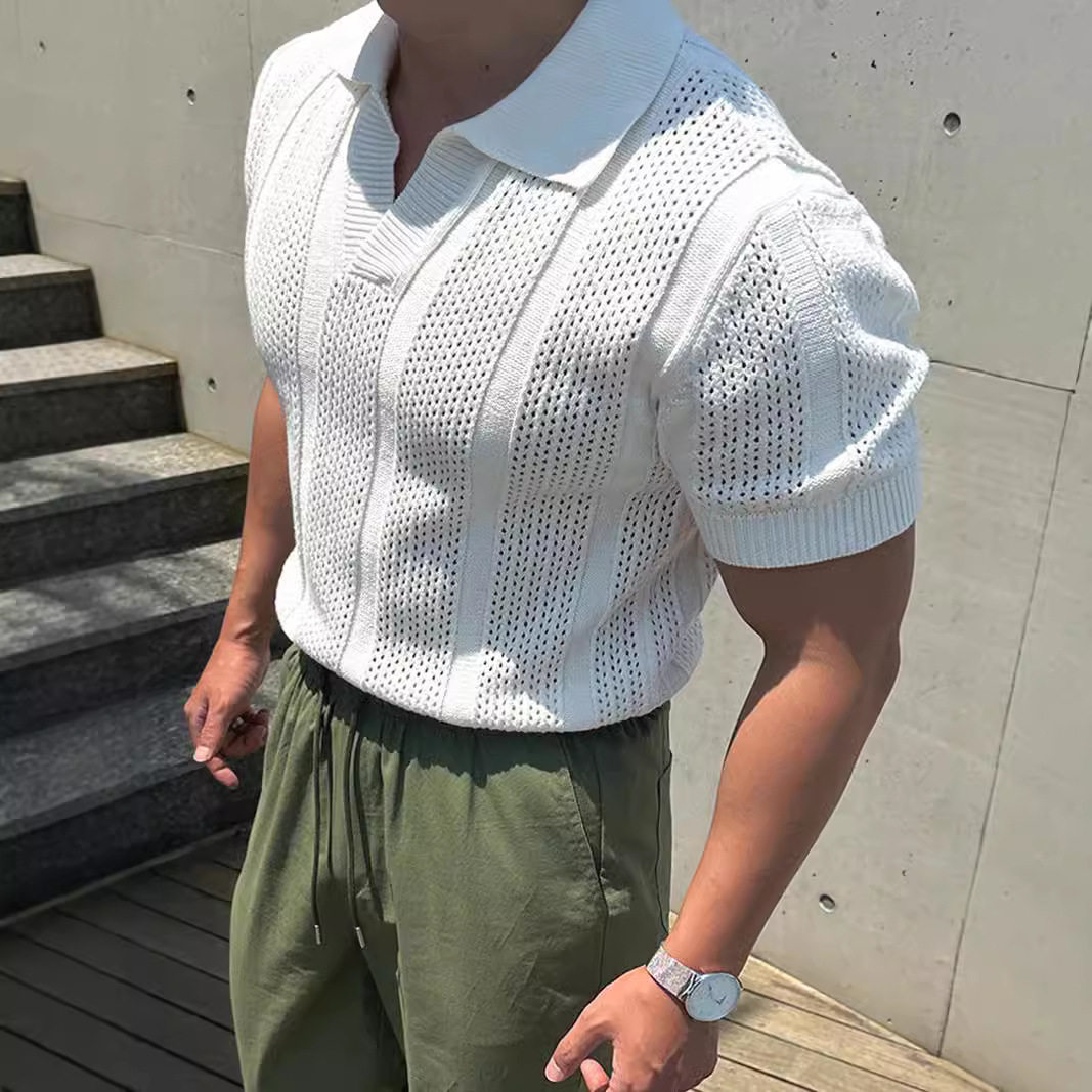 美式丝光棉冰丝衫男透气镂空短袖翻领网眼紧袖针织t恤衫