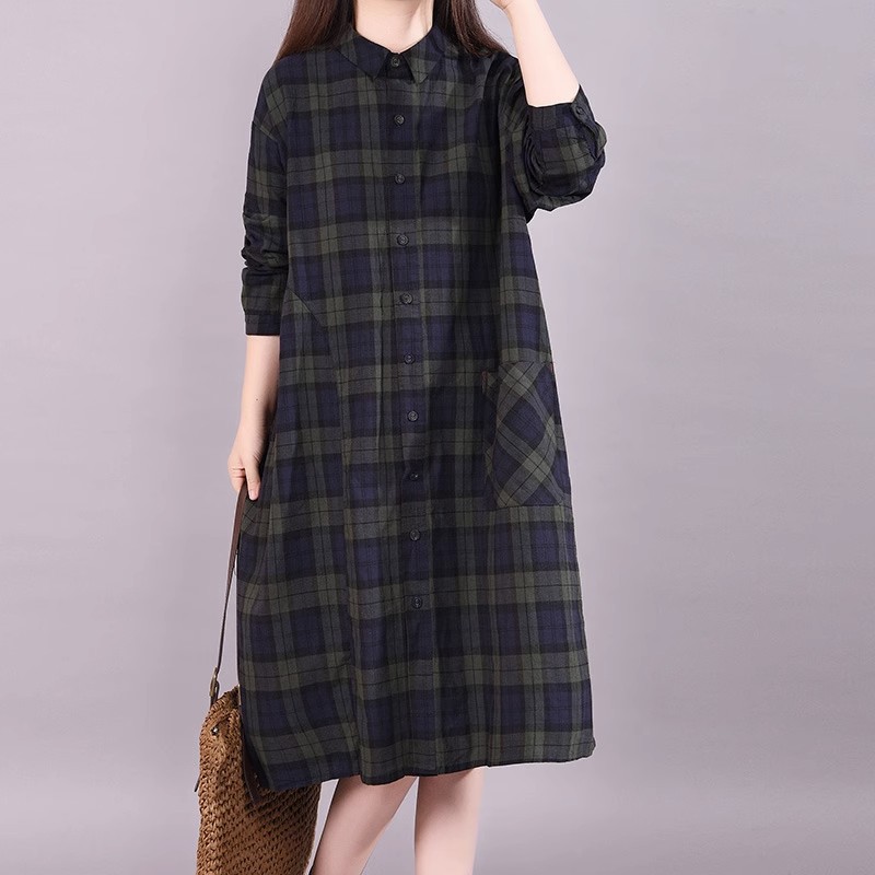 清仓捡漏~棉麻格子连衣裙女长袖中长款宽松休闲小个子亚麻衬衫裙