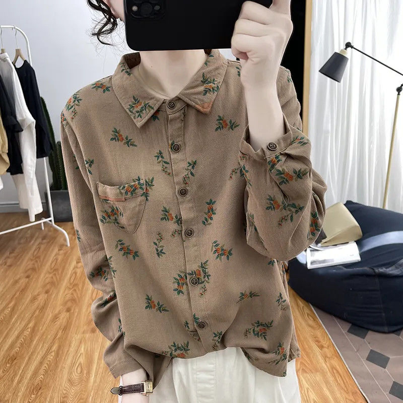 清仓捡漏~复古印花棉麻衬衫女长袖翻领衬衣宽松休闲大码亚麻上衣