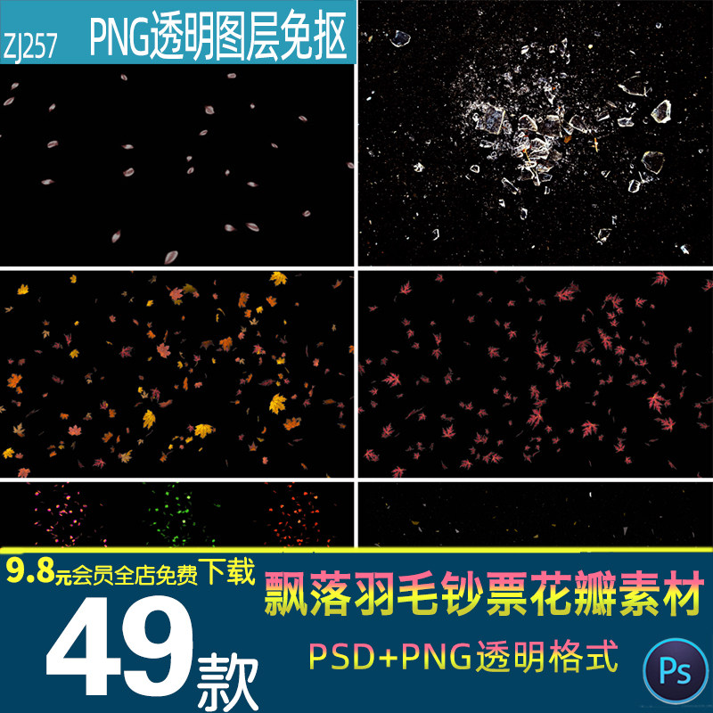 飘落飞散素材羽毛钞票花瓣树叶扑克牌PNG免扣图片PS设计装饰元素图片