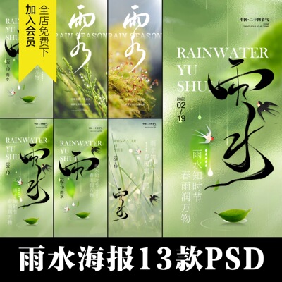 雨水节气传统简约二十四节气绿色书法psd海报展排版模版设计素材
