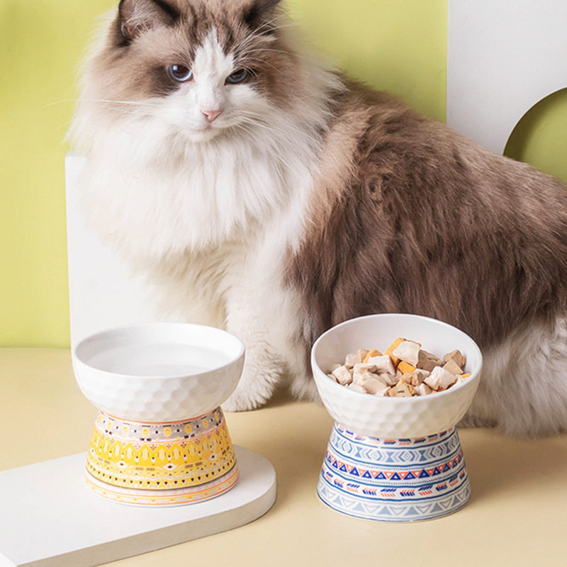 猫碗斜口陶瓷高脚护颈猫食盆不易