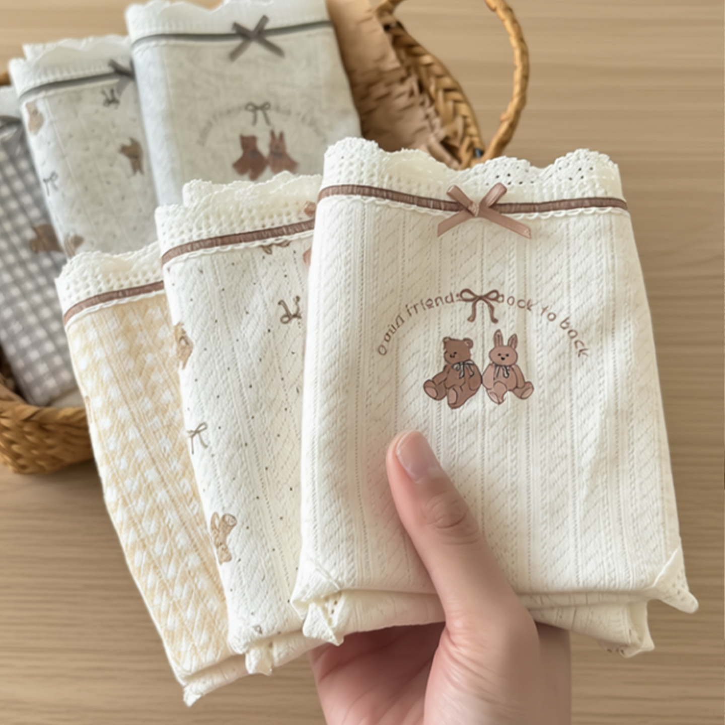 卡通小熊甜美蕾丝边少女纯棉内裤