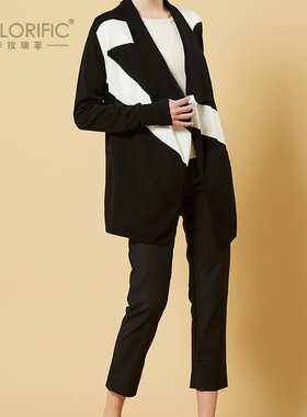 【佧拉瑞菲】2021款秋冬黑白拼色大翻领长袖针织开衫女0017-2716