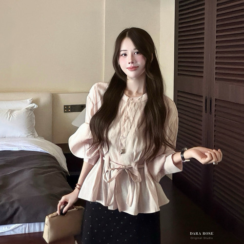 DARA ROSE-气质宽松显瘦长袖上衣小衫(配腰绳)(含100棉料)QK9646