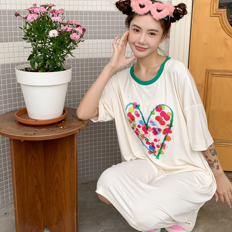新款夏季韩版港风彩色波点爱心大版宽松短袖圆领中长款家居服
