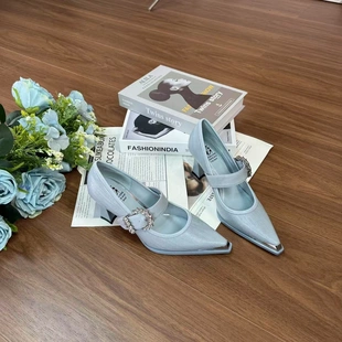 范家手工女鞋~牛皮跟高7CM百搭气质时尚水钻一字带欧若风尖头单鞋