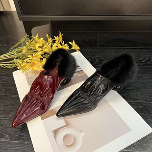 范家手工女鞋~秋新款气质水貂毛小众设计极简尖头百搭羊皮女鞋5cm