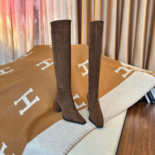 范家正品 带金标 高颜值小方头羊猄皮侧拉链显瘦过膝高跟长筒靴女