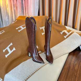 范家正品 带金标 通勤真皮金属尖头电镀粗跟前拉链显瘦显瘦骑士靴