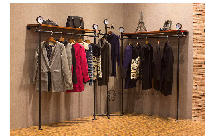 工业复古实木水管服装展示架靠墙正侧挂服装挂衣架货架陈列架包邮