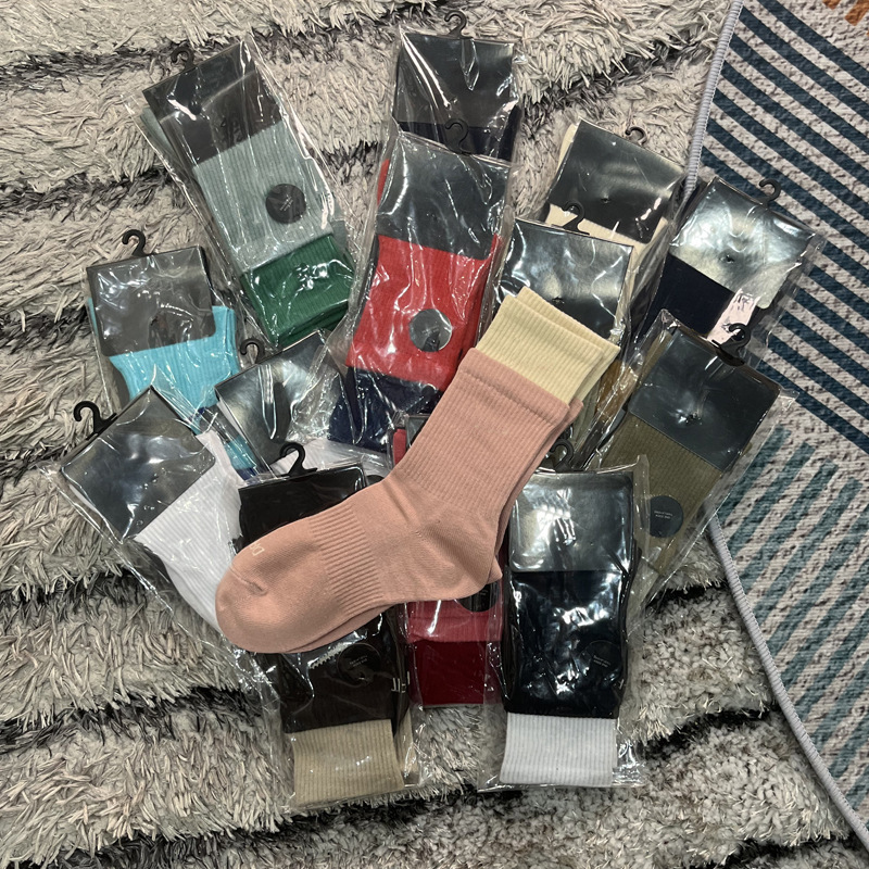 袜子女多巴胺潮袜假两件双层拼接纯色双螺口长中筒运动潮棉袜ins