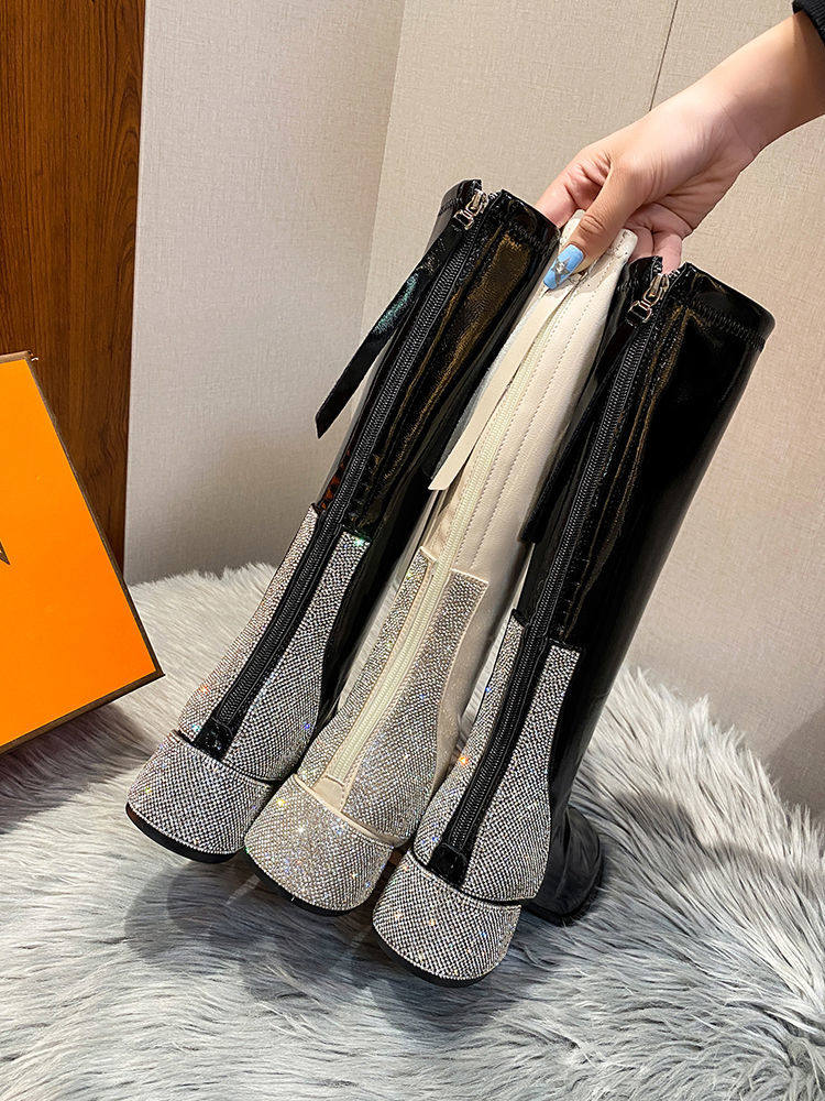 白色不过膝长筒靴女粗跟高跟靴子2022年秋冬新款高筒英伦骑士长靴