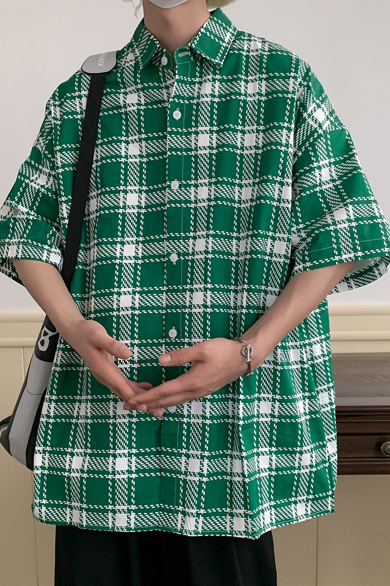 短袖衬衫男夏季新款港风宽松大码格子衬衣CS018-P38,男装衬衫,星座214-3