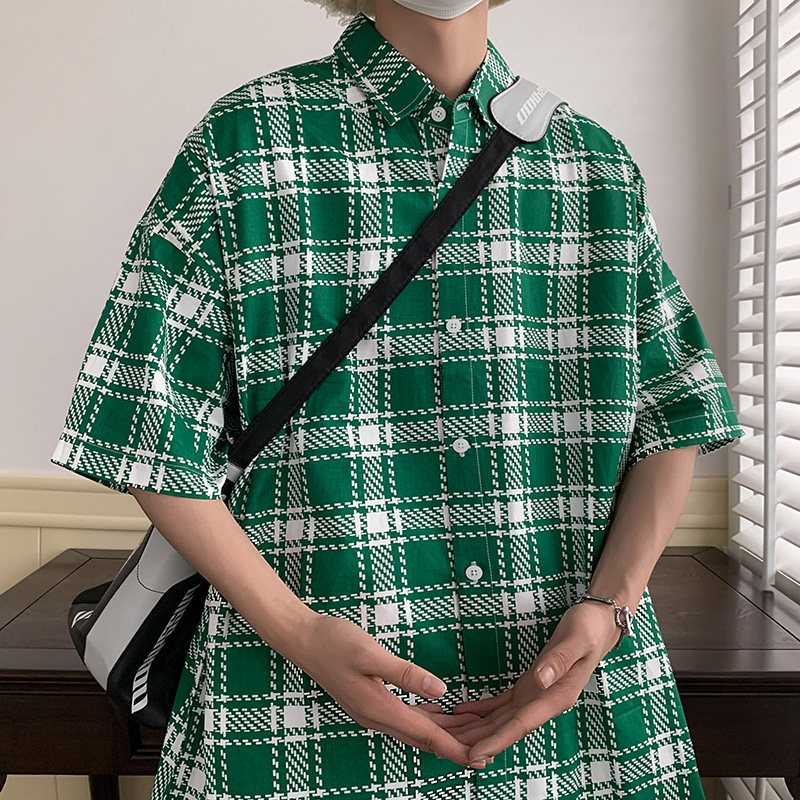 短袖衬衫男夏季新款港风宽松大码格子衬衣CS018-P38,男装衬衫,星座214-3