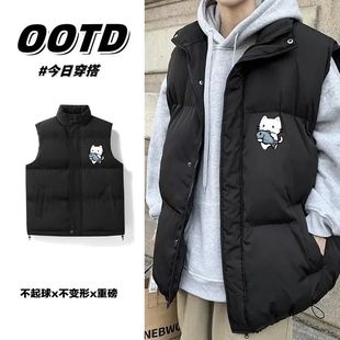 美式 潮牌卡通印花立领叠穿加厚马甲男女秋冬宽松保暖棉衣背心外套