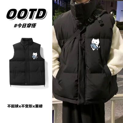 2025美式潮牌卡通印花立领叠穿加厚背心男女秋冬宽松保暖马甲外套
