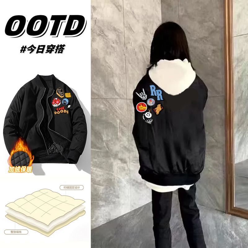 网红同款美式印花棒球服加厚夹克潮流男女情侣hiphop秋冬季外套