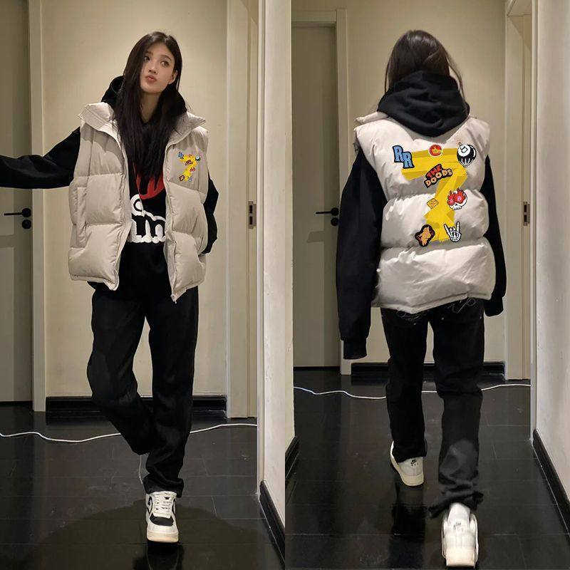 2025秋冬加厚潮牌美式复古印花马甲百搭宽松男女情侣马夹棉衣外套