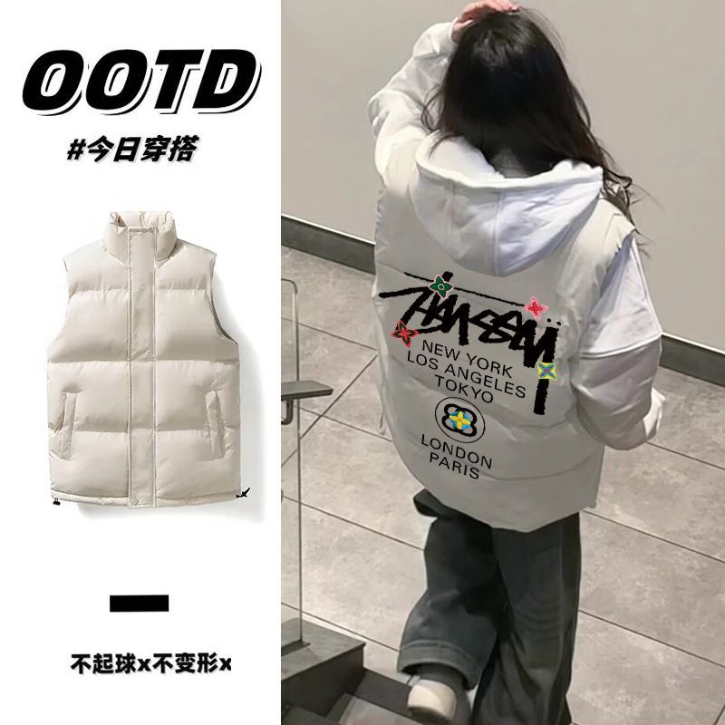 2025秋冬立领韩版马甲背心男女潮流港风印花学生情侣百搭加厚棉衣