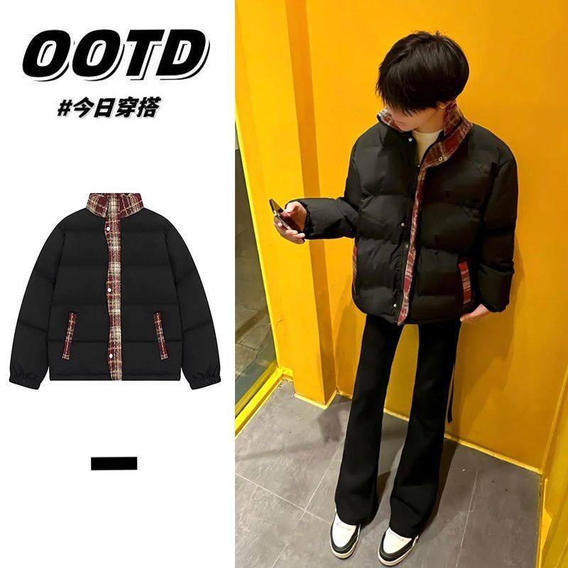 韩版复古格子拼接棉衣棉服男女款冬季加厚保暖立领面包服棉袄外套