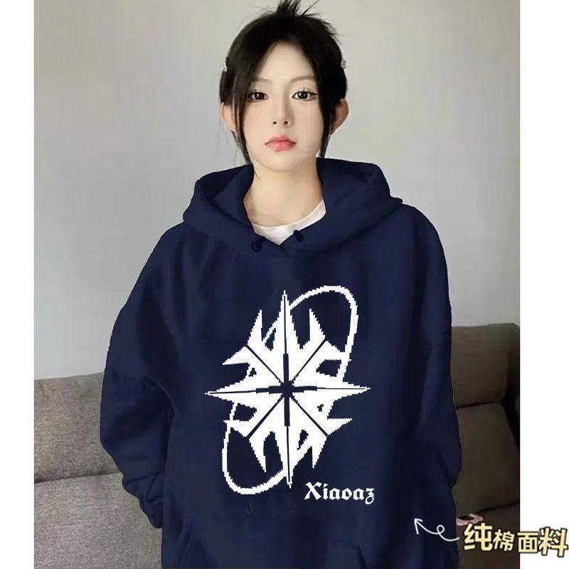 藏青色港风纯棉秋冬加绒加厚情侣款帽衫韩版男女潮牌印花连帽卫衣