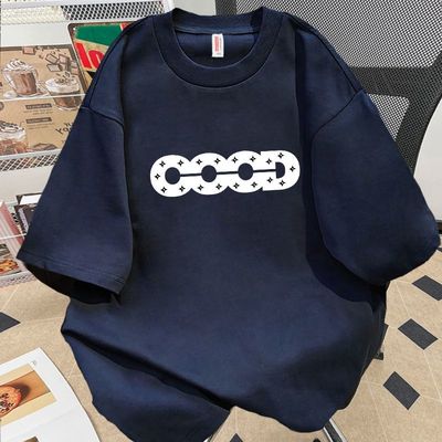藏青色美式潮牌字母印花短袖T恤男女情侣重磅纯棉宽松夏季上衣