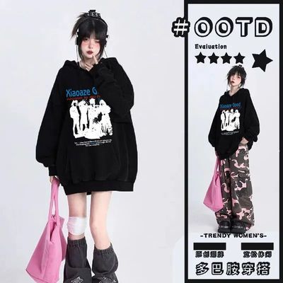 2025美式街头复古加绒连帽卫衣秋冬男女宽松高街重磅情侣加厚外套