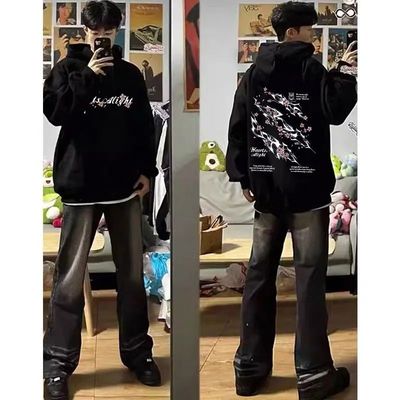 美式高街樱花印花纯棉连帽卫衣秋冬加厚加绒慵懒风男女情侣款帽衫