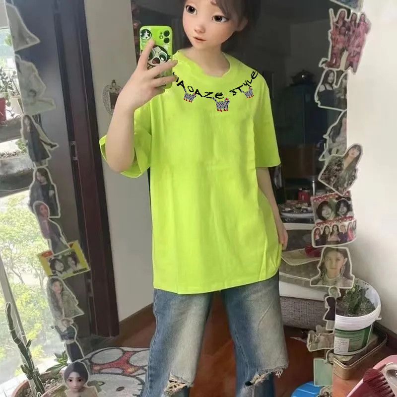 100%纯棉猫咪印花男女荧光绿t恤夏季新款美系复古情侣装学生短袖 - 实物图