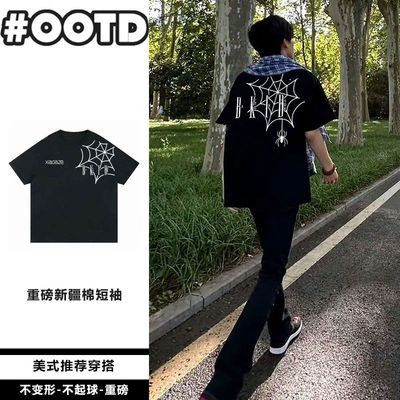 蜘蛛印花美式高街男女宽松街头风短袖t恤百搭半袖情侣款半袖上衣