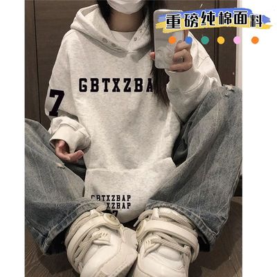 450G重磅纯棉双纽扣连帽卫衣加绒多巴胺上衣潮冬季潮情侣款男女潮